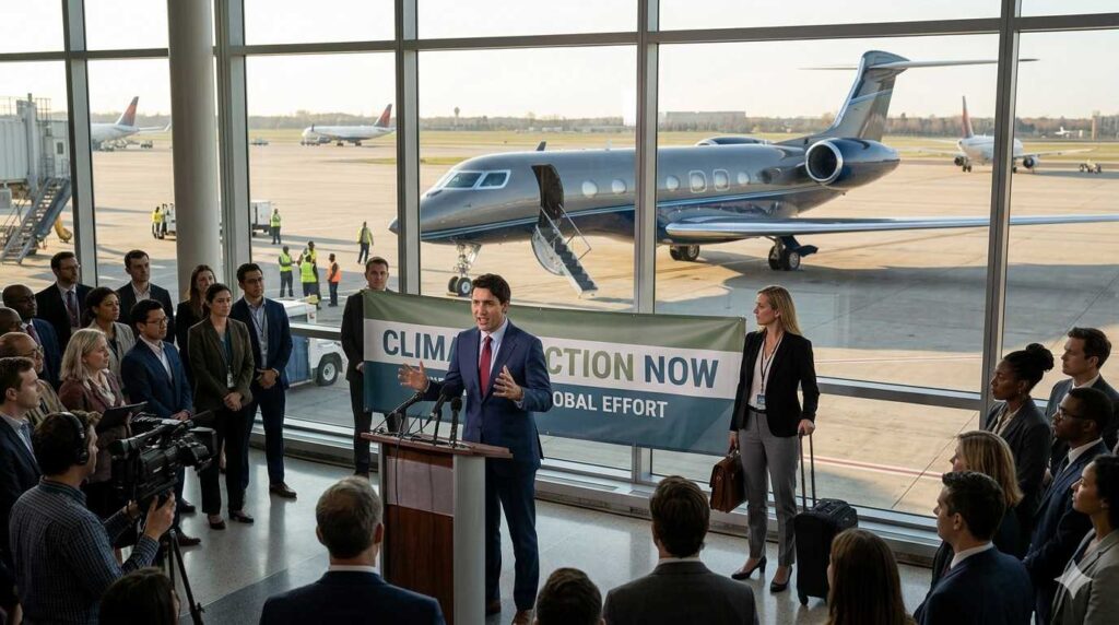 A politician arguing climate change before entering his own private jet