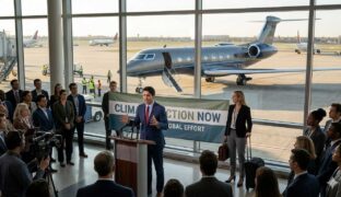 A politician arguing climate change before entering his own private jet