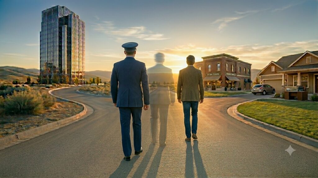 A serviceman transitioning to civilians facing a crossroad