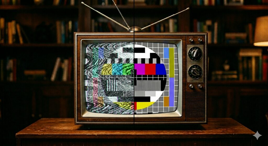 An old school television with one side of the screen with heavy static and the other side very clear
