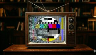 An old school television with one side of the screen with heavy static and the other side very clear