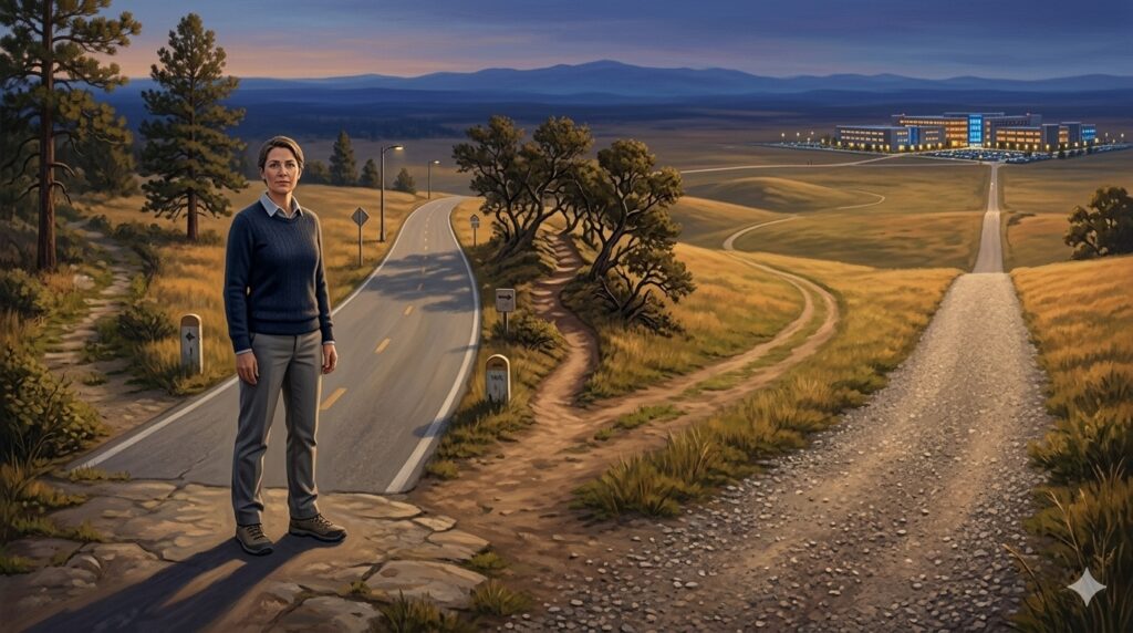 A man facing a fork in the road