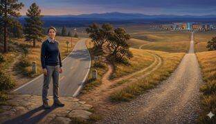 A man facing a fork in the road