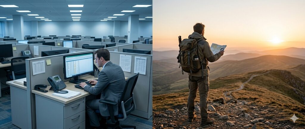 Split screen One side is a man working in a corporate environment on the other side is a man on top of a mountain holding a map