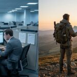 Split screen One side is a man working in a corporate environment on the other side is a man on top of a mountain holding a map