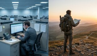 Split screen One side is a man working in a corporate environment on the other side is a man on top of a mountain holding a map