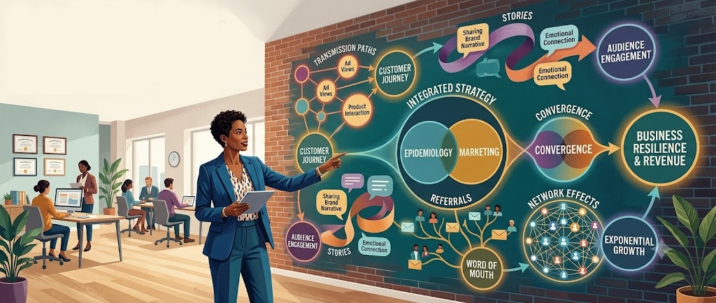 Woman in front of a board explaining how epidemiology and marketing are similar