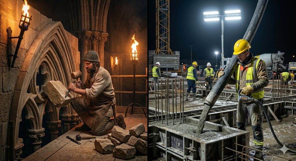 A side by side image of a gothic stone Mason and a modern day worker pouring concrete