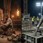 AI Is Your Portland Cement: What Gothic Stonemasons Teach Us About Building a Business That Lasts A side by side image of a gothic stone Mason and a modern day worker pouring concrete