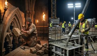 A side by side image of a gothic stone Mason and a modern day worker pouring concrete
