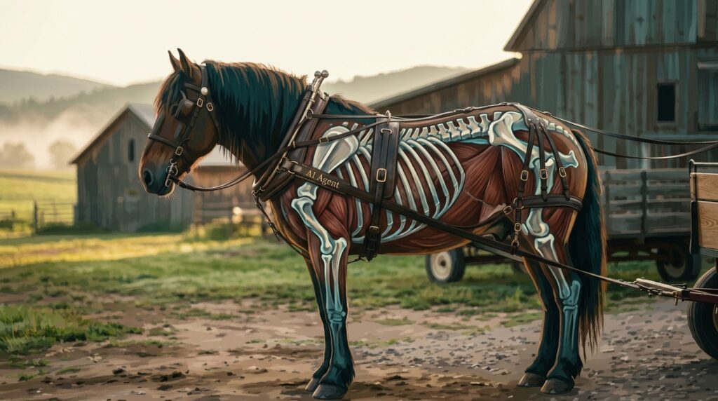 A horse connected to a cart with visible muscles and bones attached via a harness.