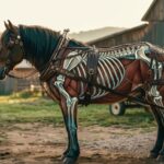 A horse connected to a cart with visible muscles and bones attached via a harness.