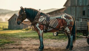 A horse connected to a cart with visible muscles and bones attached via a harness.