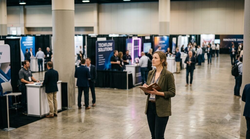 Woman with notebook checking out booth competition