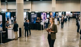 Woman with notebook checking out booth competition