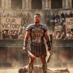 Gladiator businessman being jeered by the crowd seeing it was their victory got his.