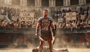 Gladiator businessman being jeered by the crowd seeing it was their victory got his.