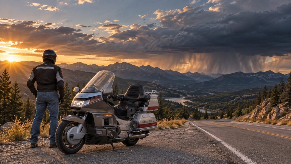 Man standing next to a motorcycle assessing weather risk