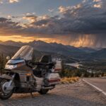 Man standing next to a motorcycle assessing weather risk