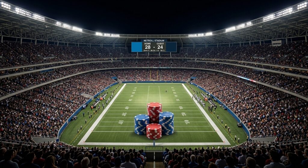 A stack of chips lined up on the 1 yard line in the Super Bowl